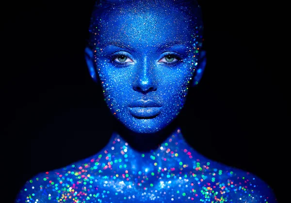 Portrait of beautiful woman with sparkles on her face — Stock Photo, Image