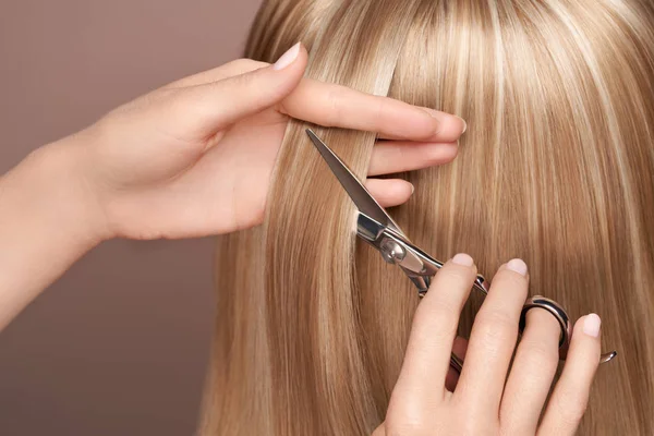 Перукарня вирізає довге світле волосся ножицями — стокове фото
