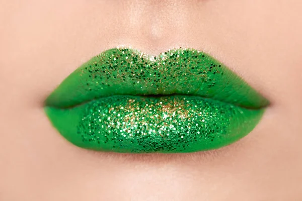 Conceptual Photo Patrick Day Close View Woman Lips Green Lipstick — Stock Photo, Image