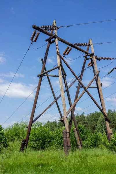 Auf Einer Waldlichtung Sehen Wir Eine Stromleitung Mit Alten Holzmasten — Stockfoto
