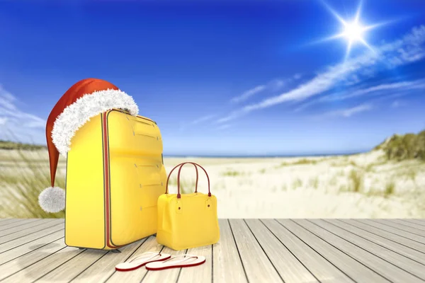 Suitcase with santa hat and handbag — Stock Photo, Image