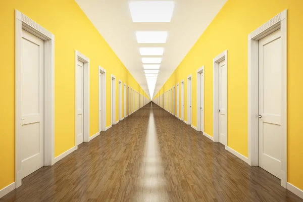 Corridor with yellow walls and white doors — Stock Photo, Image