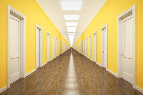 коридор с желтыми стенами и белыми дверями
