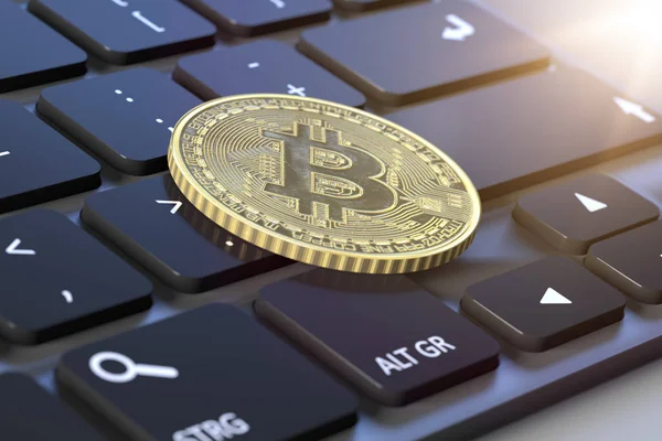 Bitcoin moeda no teclado — Fotografia de Stock