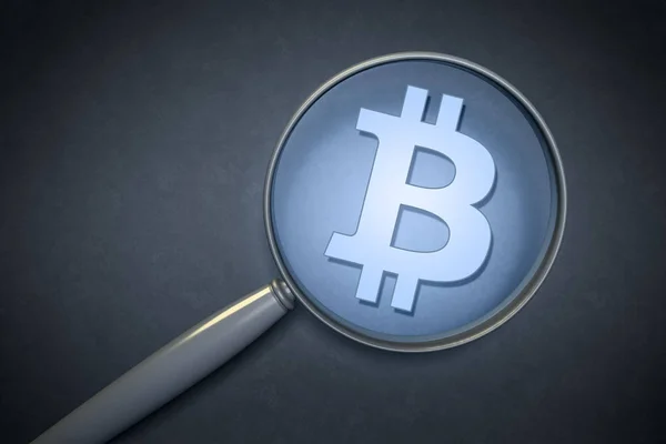 Vergrootglas met een bitcoin-teken — Stockfoto