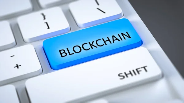 Witte Computertoetsenbord Met Blauwe Blockchain Knop — Stockfoto