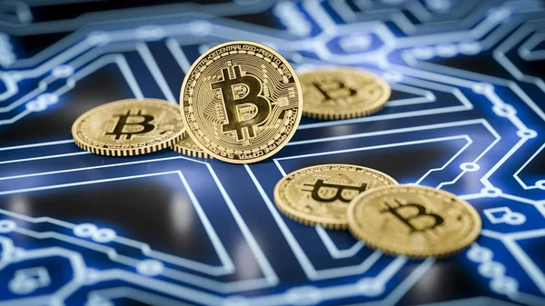 Bitcoins elektronik arka plan üzerinde — Stok fotoğraf