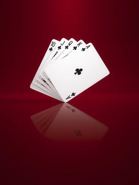 Cartas Poker Com Reflexão Sobre Fundo Vermelho — Fotografia de Stock