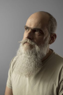 Gri arka plan üzerinde uzun sakallı adam portresi