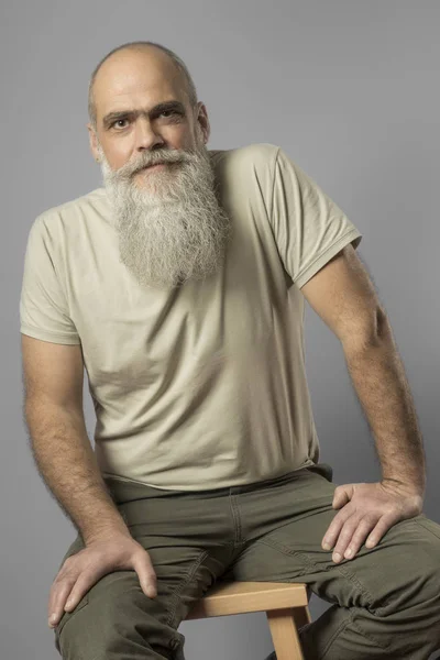 Portret Van Man Met Lange Baard Zittend Stoel Een Grijze — Stockfoto