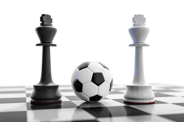 Βασιλιάς Φιγούρες Και Μπάλα Ποδοσφαίρου Στην Σκακιέρα — Φωτογραφία Αρχείου