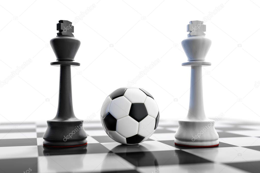 king figures and soccer ball on chess board