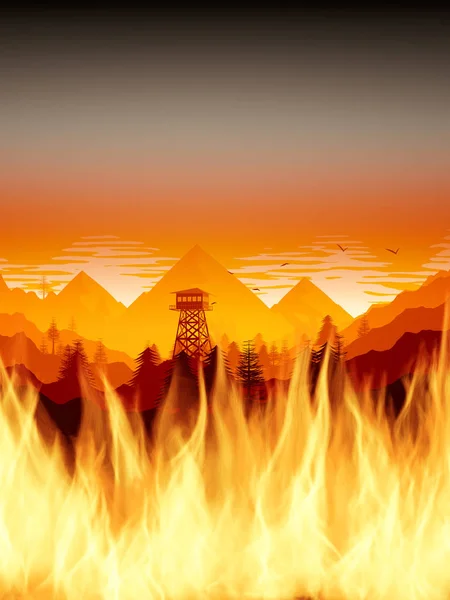Лесные пожары с сторожевой башней — стоковое фото