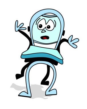 Komik bir chararter mavi bir sandalye çizimi.