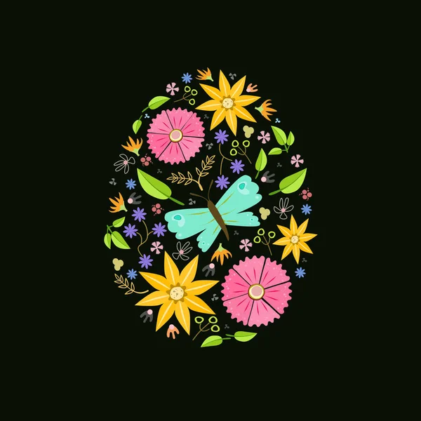 Illustration Oeuf Pâques Décoration Florale Noir — Image vectorielle