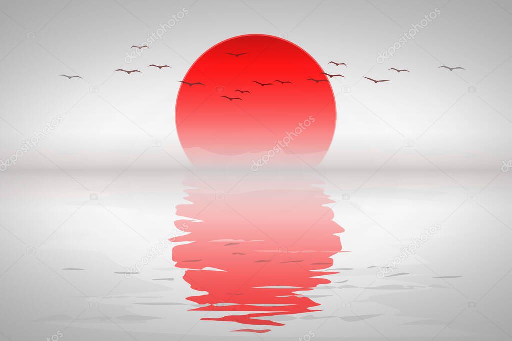 An illustration of a beautiful red sunset with birds