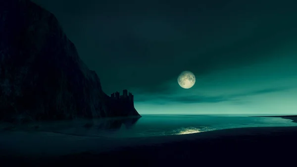 full moon at the ocean with lost castle by night 3D illustration