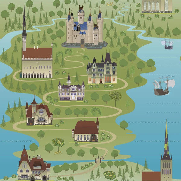 Seamless map of a fabulous medieval country — 스톡 벡터