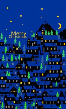 Tebrik kartı ile tek katlı köy evleri, çitler, köknar, köpekler ve kulübeler