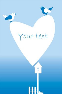 Kalp, çit, kuşlar, kuş yuvası ile kartpostal davet