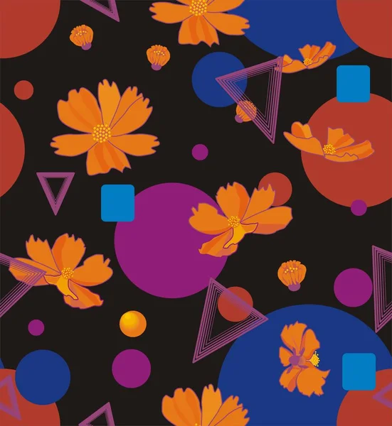 Naranja flores cosmos con formas geométricas de triángulos, círculos, cuadrados — Vector de stock