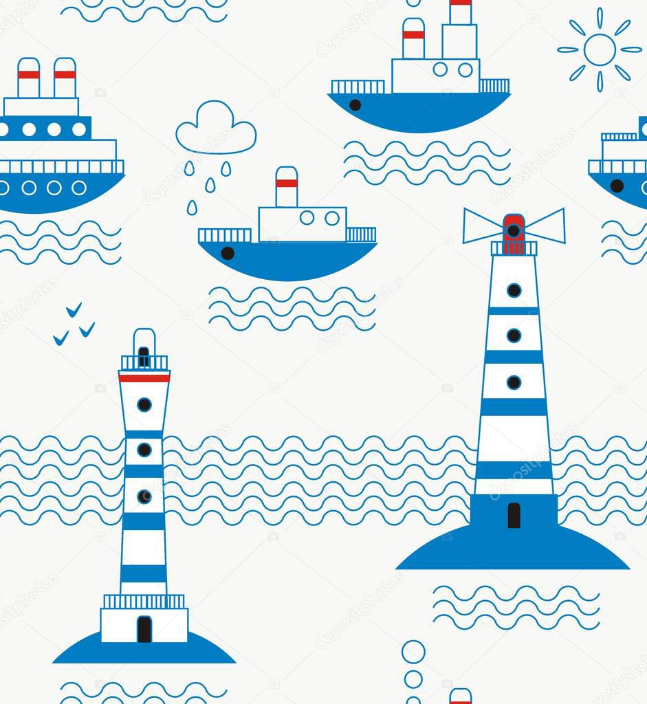 Sea, ships, lighthouses, seagulls, clouds, sun