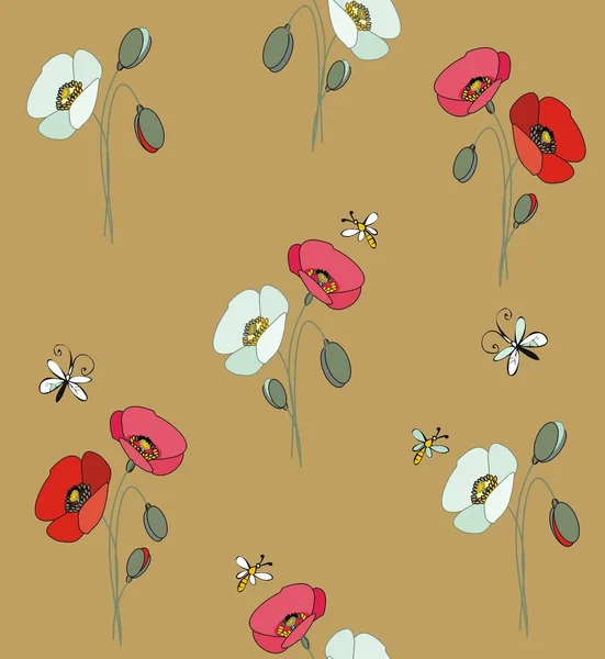 Amapolas rojas y blancas con mariposas y abejas — Vector de stock
