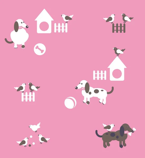 Psi, ptáci s míčky, oplocení a chovatelských stanic — Stockový vektor