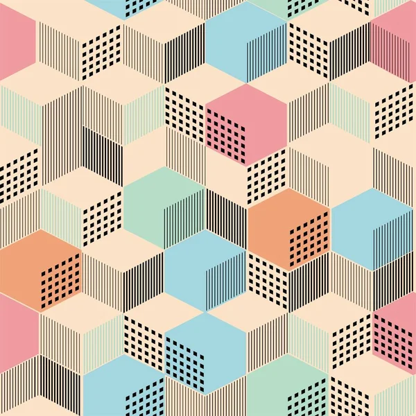 Eleganta geometriska prydnad från kubik från linjer och färg fyllning — Stock vektor