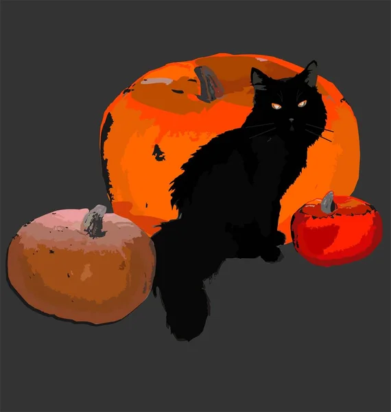 Gato negro y calabaza Bodegón para Halloween — Archivo Imágenes Vectoriales