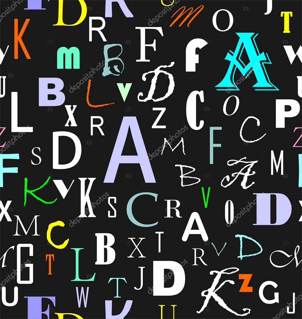 Latin letters in yellow, gray, green, blue, orange and white colors the seamless pattern on a black background