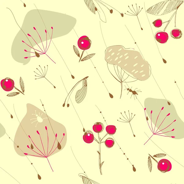 Rowan, sementes, insetos e grama voando sob as gotas de chuva —  Vetores de Stock