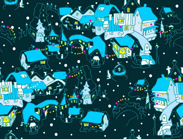 Felices casas antiguas con copos de nieve y luces en Nochebuena Ilustraciones De Stock Sin Royalties Gratis