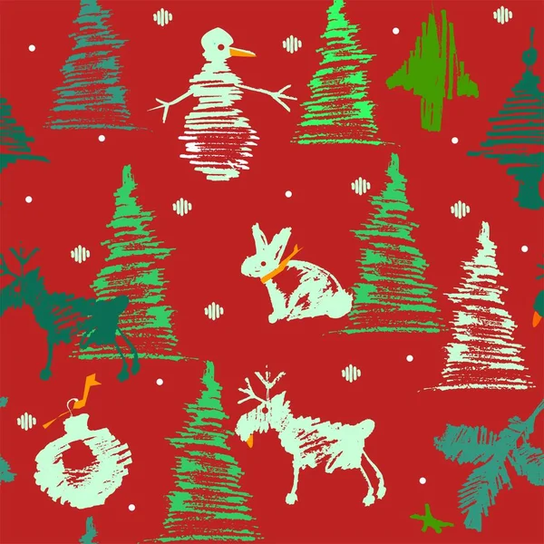 Árboles de Navidad, ciervos, muñeco de nieve, bola de juguete y conejito con copos de nieve Ilustración De Stock