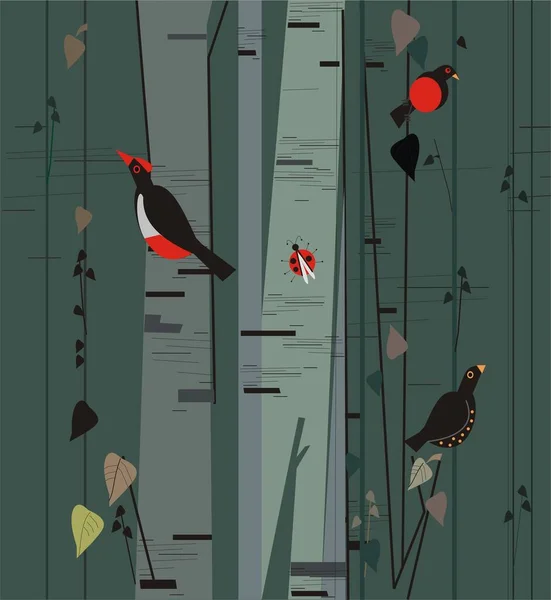 Birkenhain mit Vögeln — Stockvektor