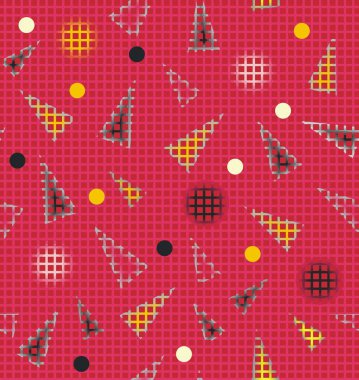 Çemberlerin, üçgenlerin ve karelerin soyut dokusu gri, sarı, siyah ve kırmızı renklerde, kırmızı arkaplanda pürüzsüz bir desen..