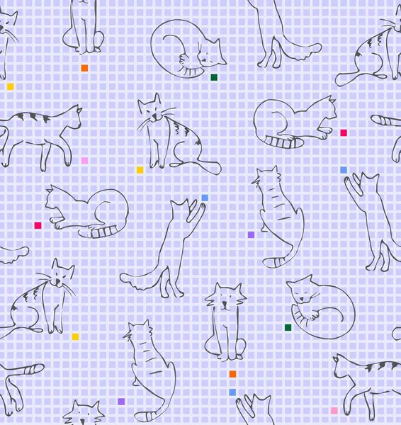 Grając Koty Rysunek Papierze Linii Kwadratów Kolorze Szarym Żółtym Niebieskim — Wektor stockowy