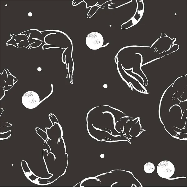 Коти Грають Мальованому Ескізі Білому Безшовний Візерунок Чорному Тлі — стоковий вектор