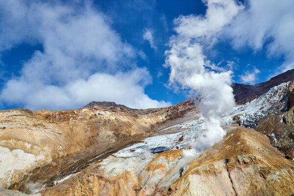 acid fumaroles in the crater of the Mutnovsky volcano