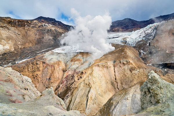 acid fumaroles in the crater of the Mutnovsky volcano