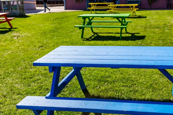 Tables de pique-nique colorées sur pelouse verte — Photo