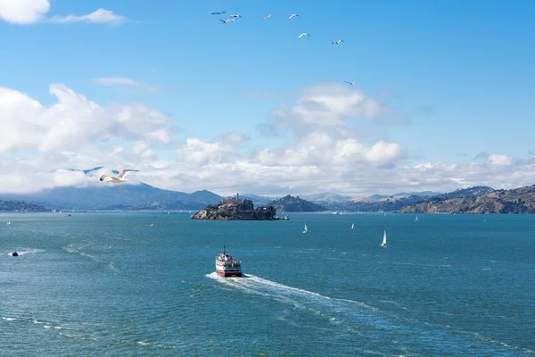 Aves sobre Alcatraz y Ferry — Foto de Stock