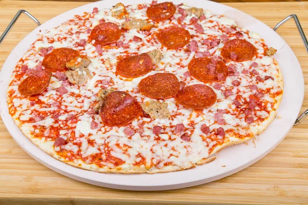 Hot Pepperoni Pizza on Pizza Stone — Stock Photo, Image