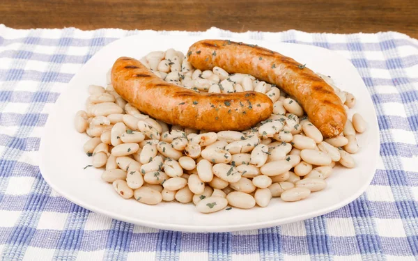 White Beans and Sausage on Plate — Stock Photo, Image