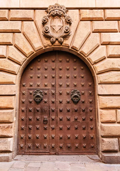 Battenti e finiture in ferro sulla vecchia porta in legno — Foto Stock