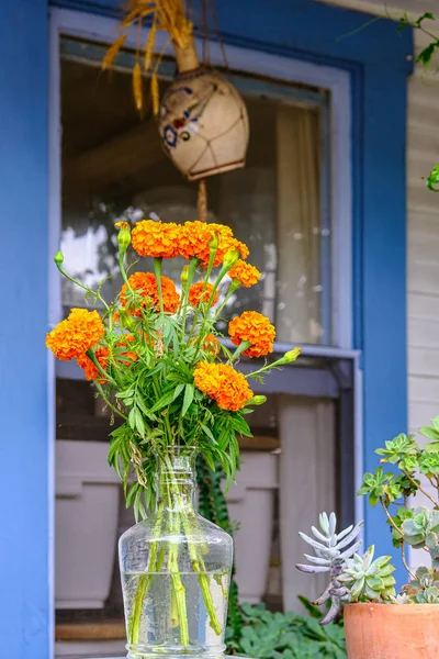 Oranje Mums op een veranda — Stockfoto