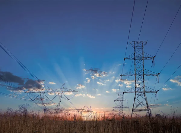 Power LInes Over Field at Sunrise — Stock Photo, Image