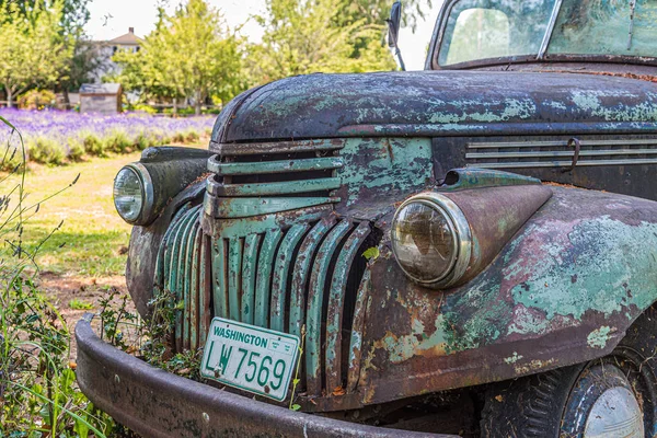 Грилл на старом зеленом грузовике — стоковое фото