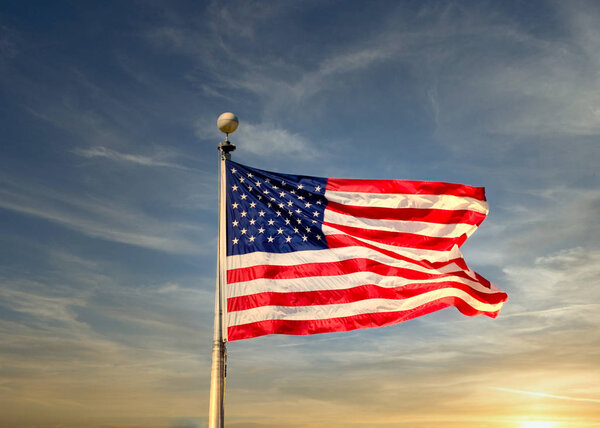 American Flag Blowing Sunset Sky