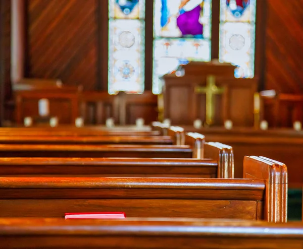Church Pews with Stained Glass — Stock Photo, Image